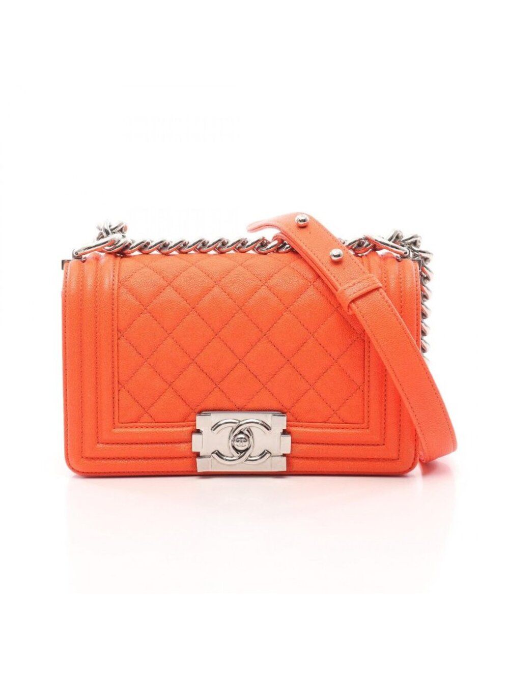 Chanel Shoulder Bag Boy Small Orange Caviar Leather Chain